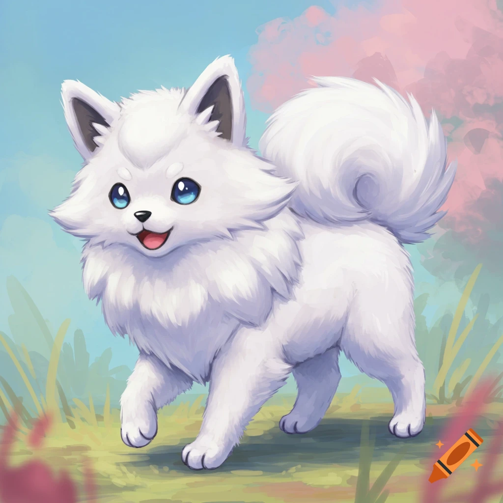 A white fluffy dog-like creature with blue eyes is walking in a grassy field