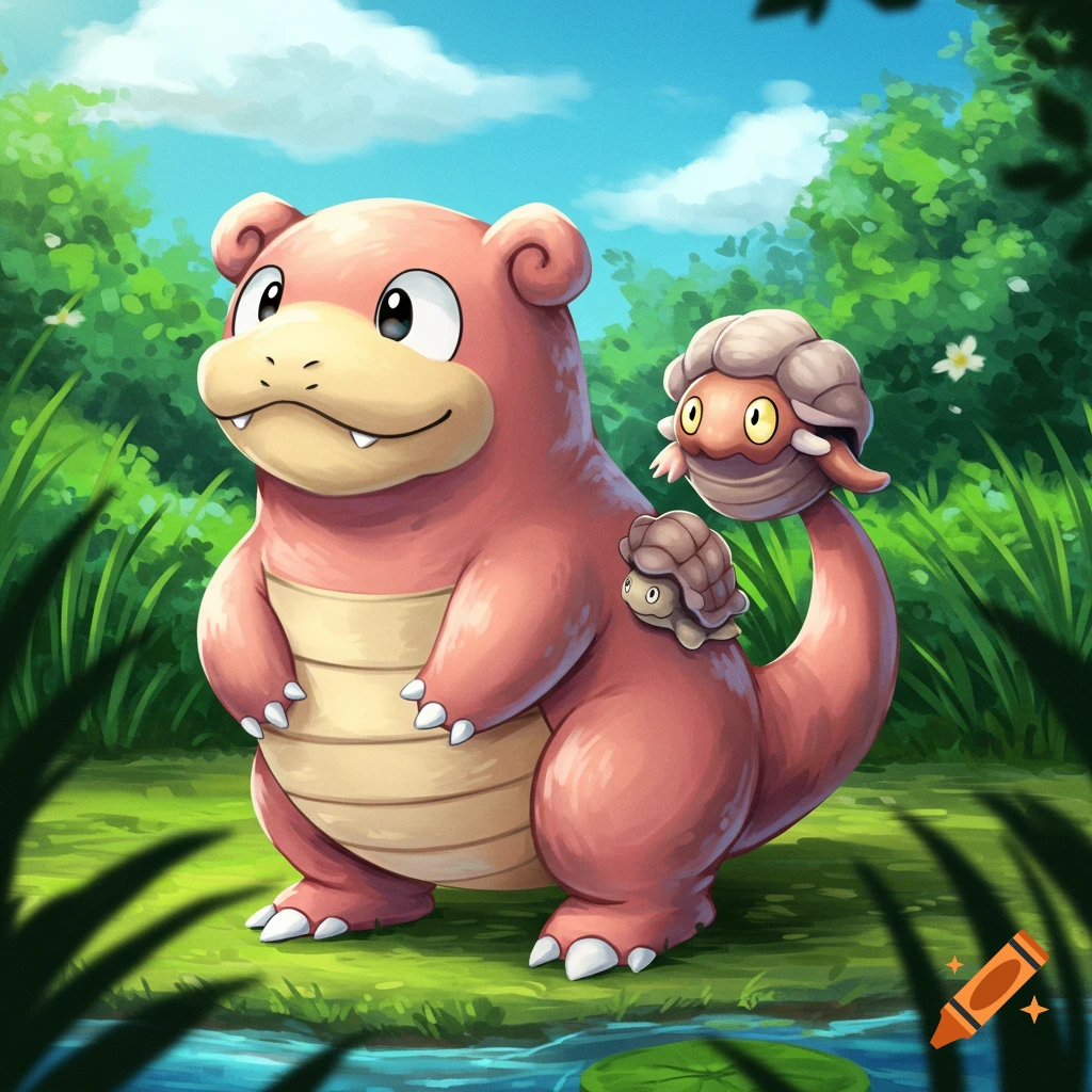 A Slowbro with two Shellder in a forest by water.