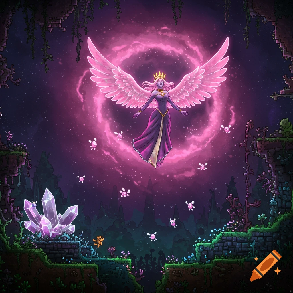 Empress of Light floats with pink wings and aura in a fantasy landscape with crystals and starry sky, in a gaming art style.