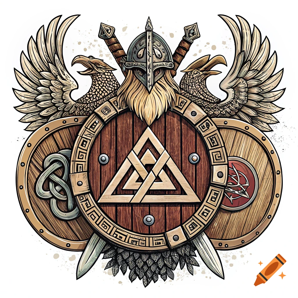 Viking crest with shields, swords, helmet, and birds, featuring a central Valknut symbol and Norse patterns.