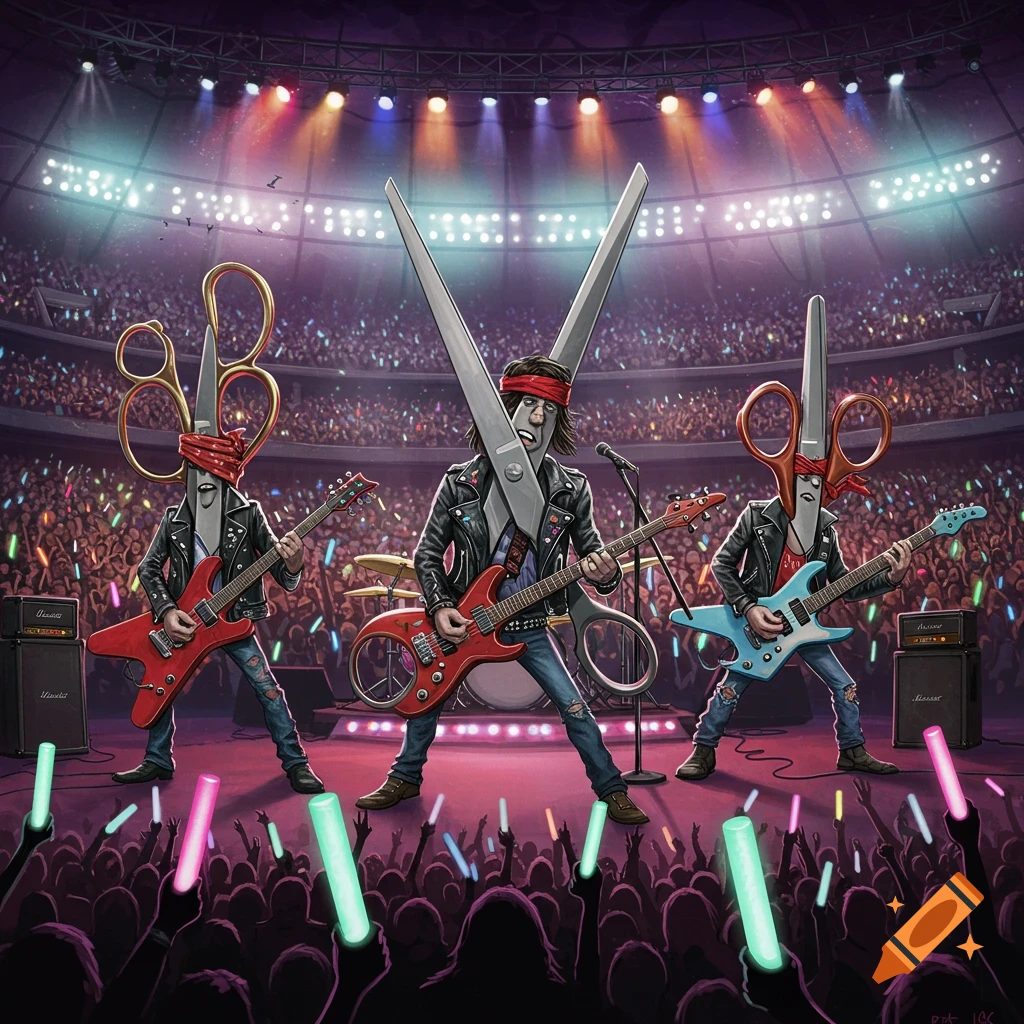 Illustration of a band of anthropomorphic scissors playing guitars on stage in a stadium with a cheering crowd.