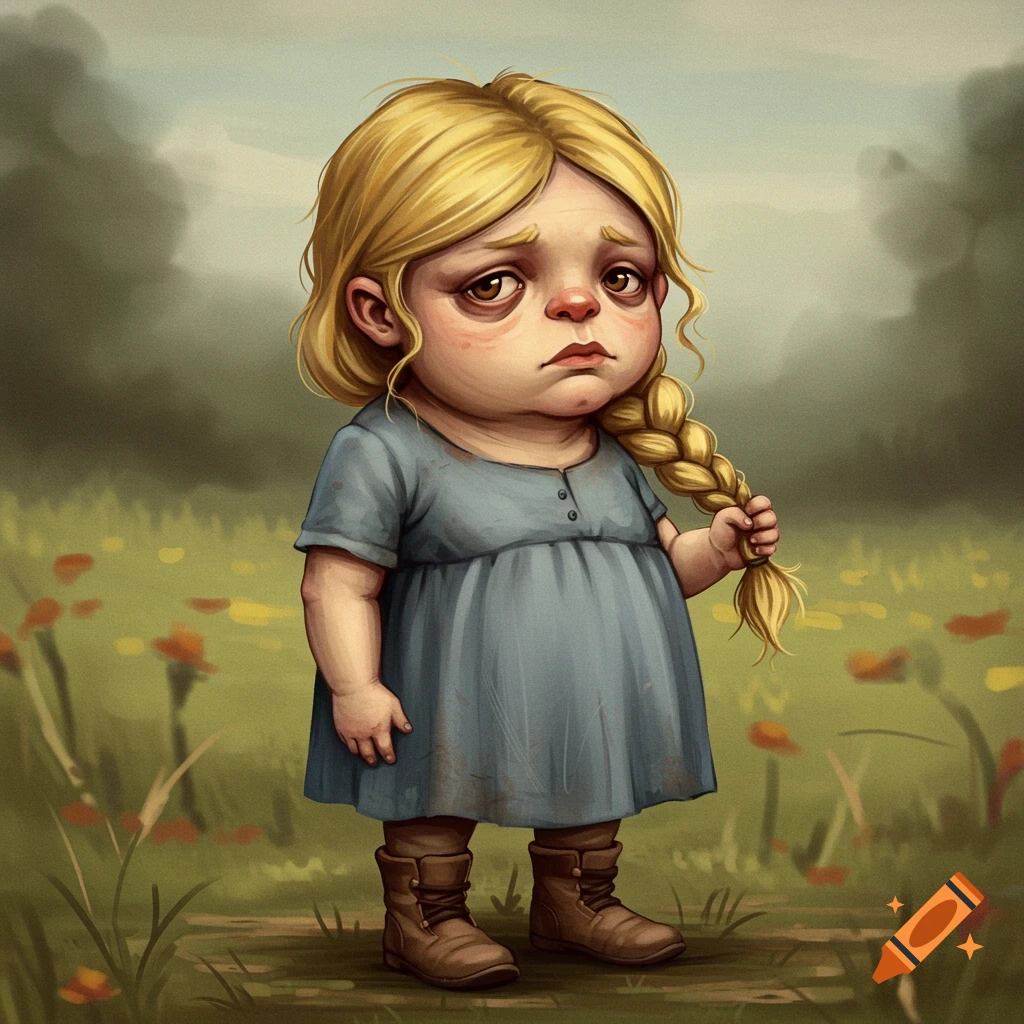 A sad girl with blonde braids stands in a field.