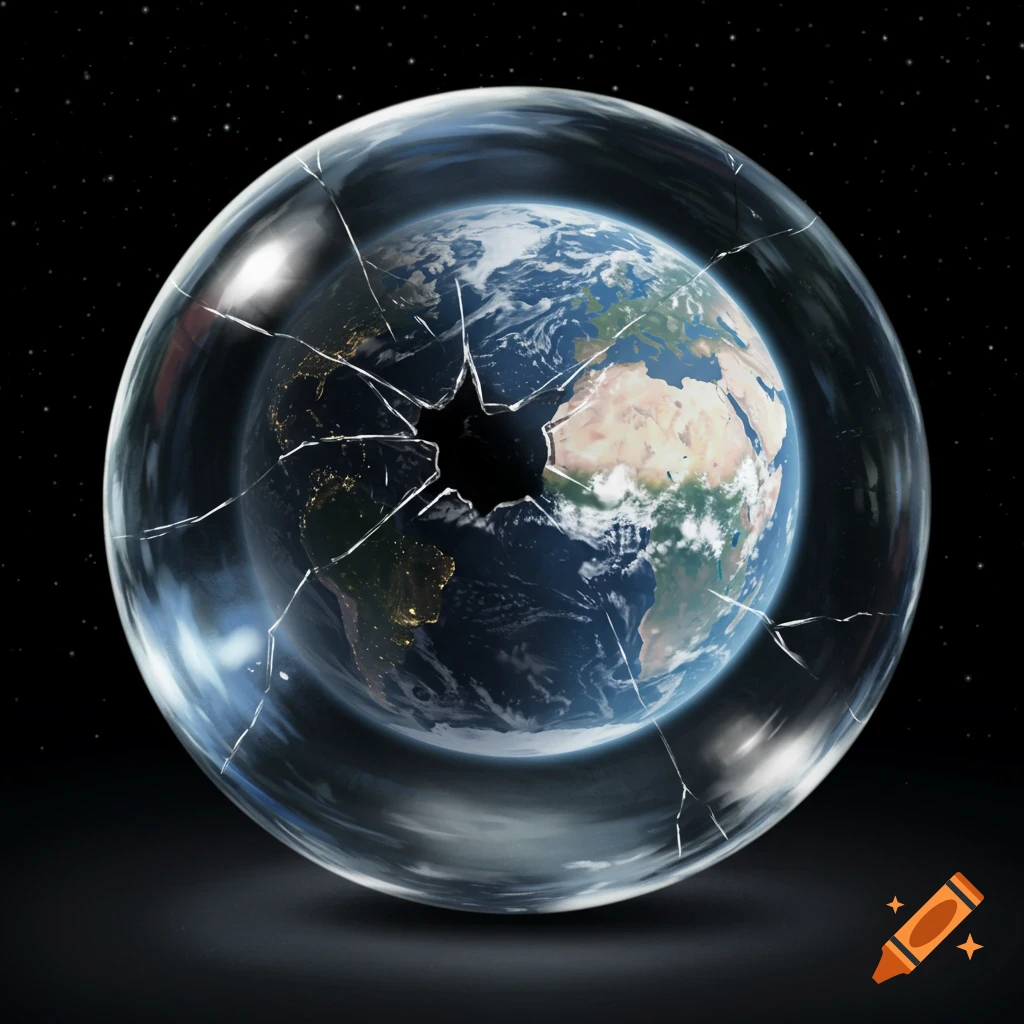 Earth inside a cracked and punctured glass sphere against a starfield