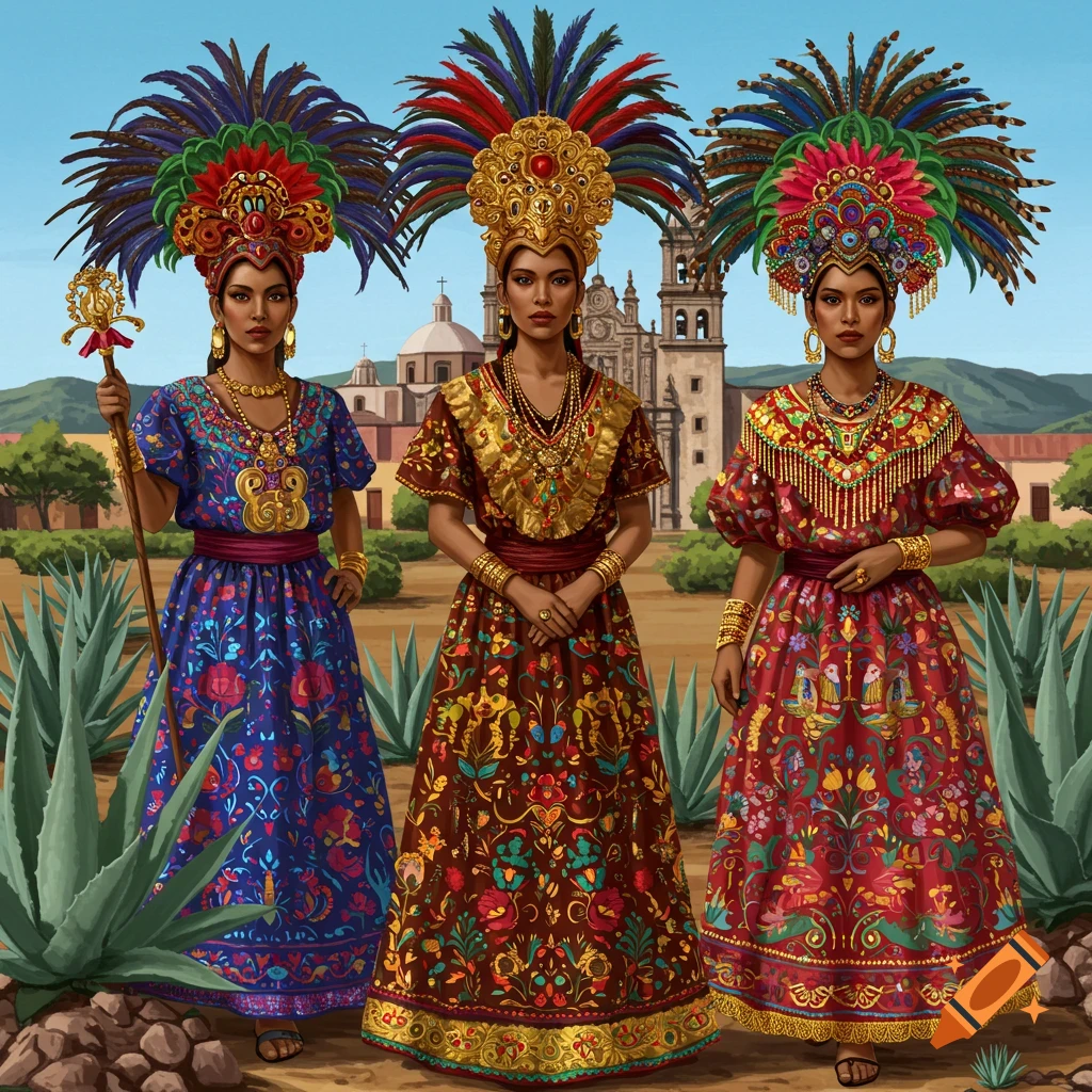Three women in elaborate traditional Mexican dresses and feathered headdresses stand in a landscape with agave plants.