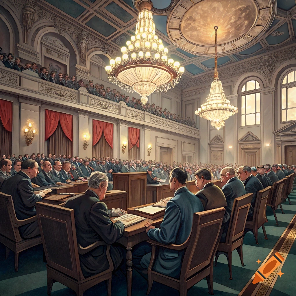 A large group of men in suits gathered in a grand hall with chandeliers.
