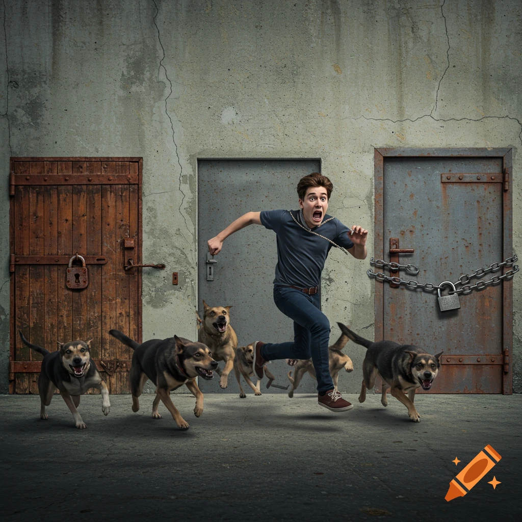 Terrified man runs from aggressive dogs towards three doors, photorealistic digital illustration.