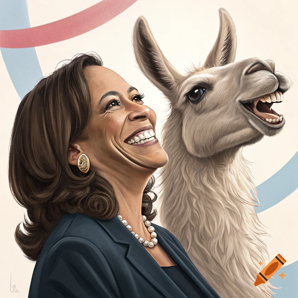 Caricature illustration of Kamala Harris and a llama with large teeth
