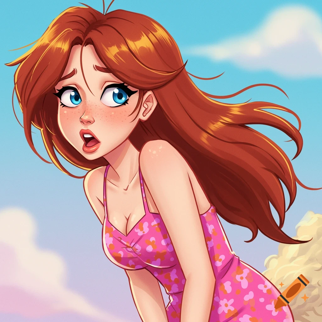 Digital illustration of a young woman with red hair and blue eyes in a pink floral dress, looking surprised against a blue sky.