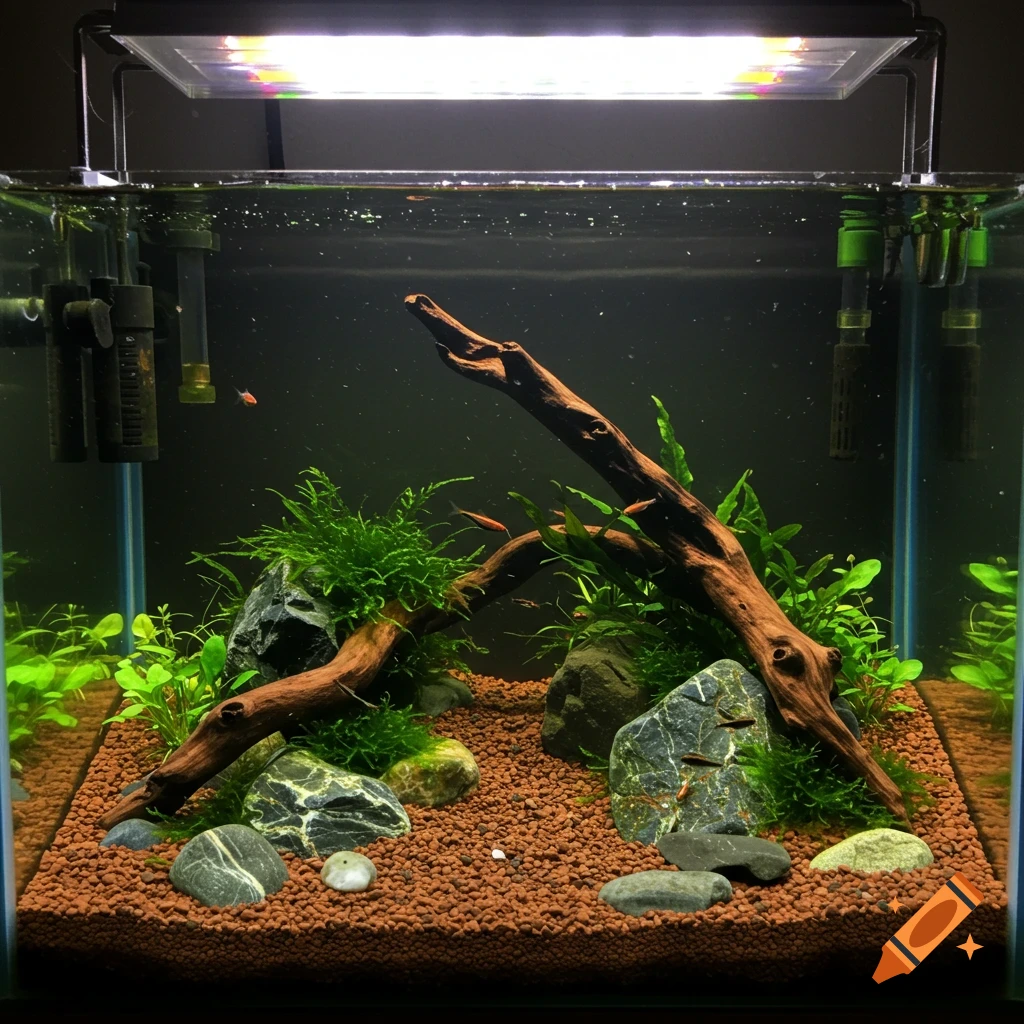 A fish tank with brown gravel substrate, river rocks, driftwood, and aquatic plants, with small fish swimming.
