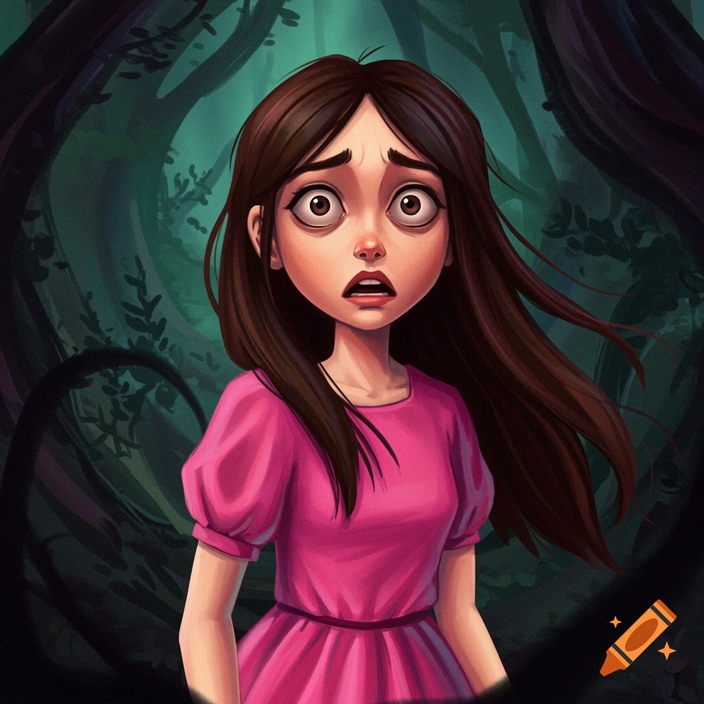 Illustration of a scared young girl in a pink dress standing in a dark, eerie forest.