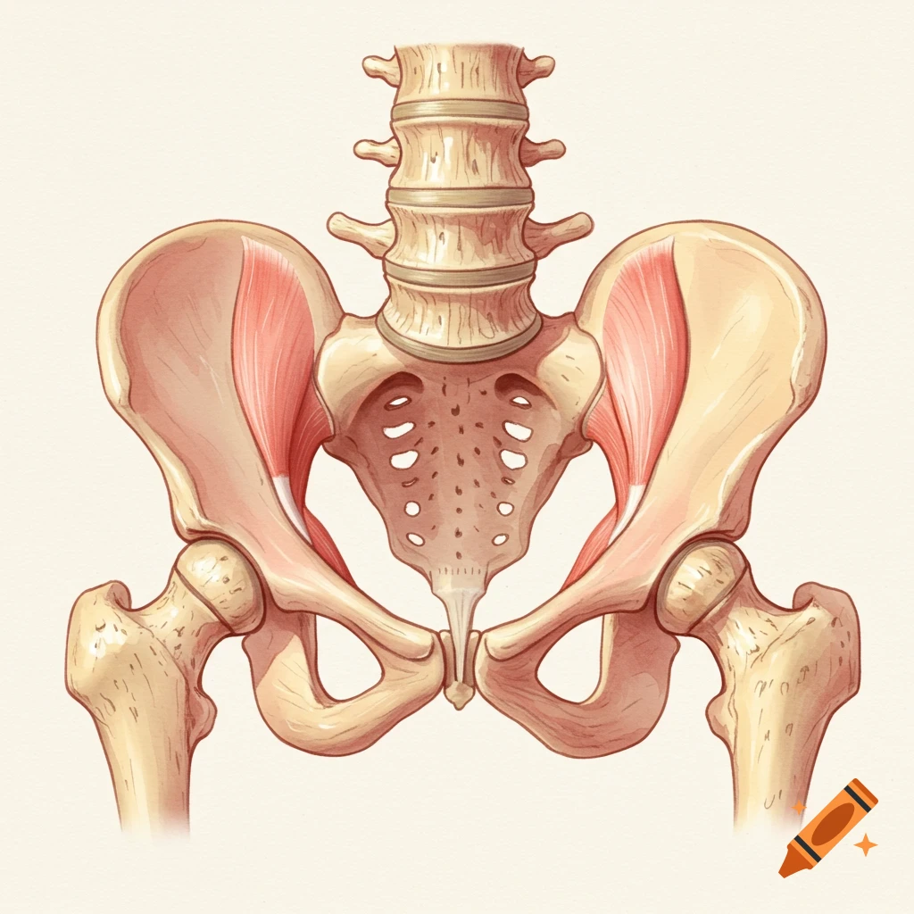 Watercolor anatomical illustration of a human pelvis and lower spine with muscles.