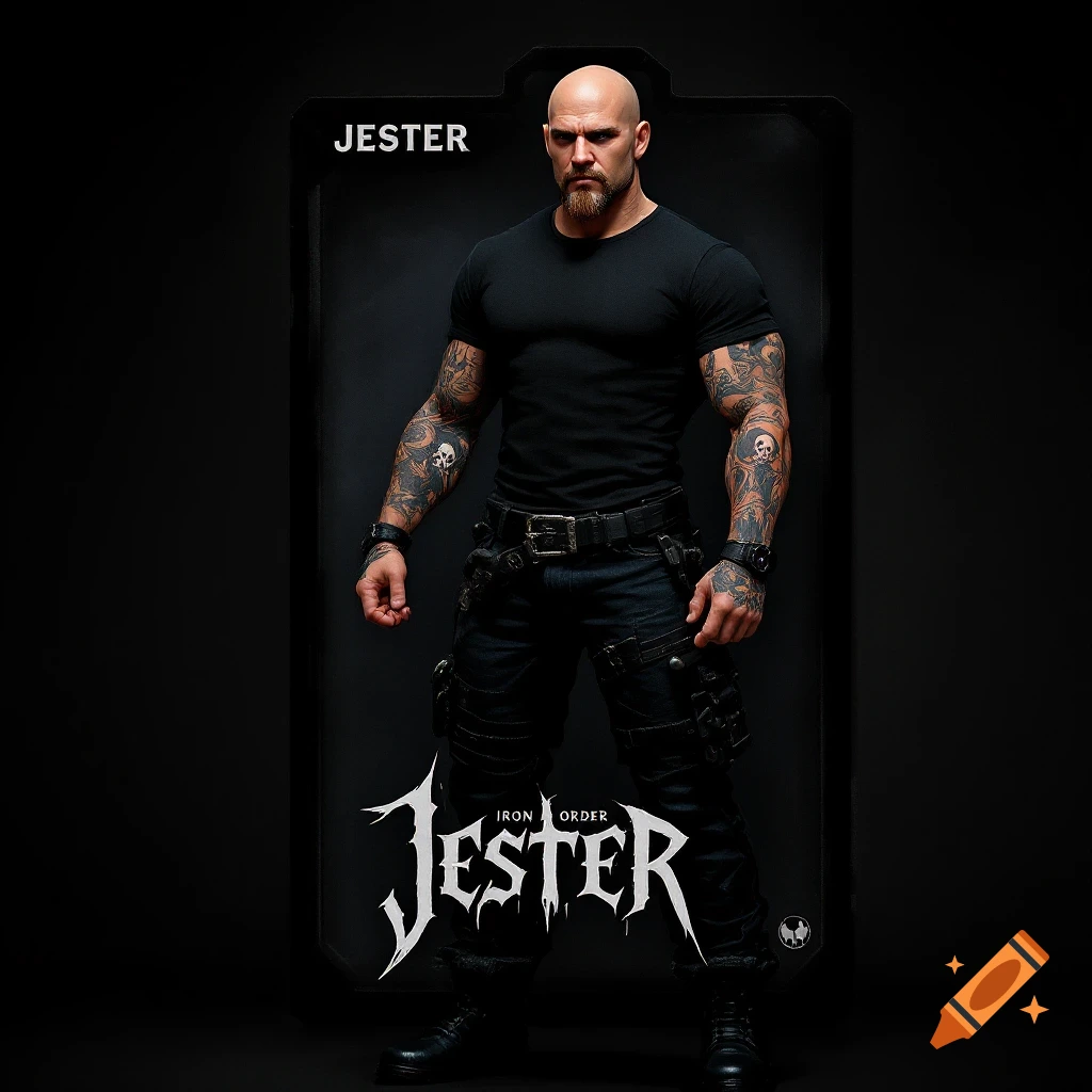 Realistic image of a muscular man with tattoos packaged as an action figure on a black blister card labeled 'JESTER'.