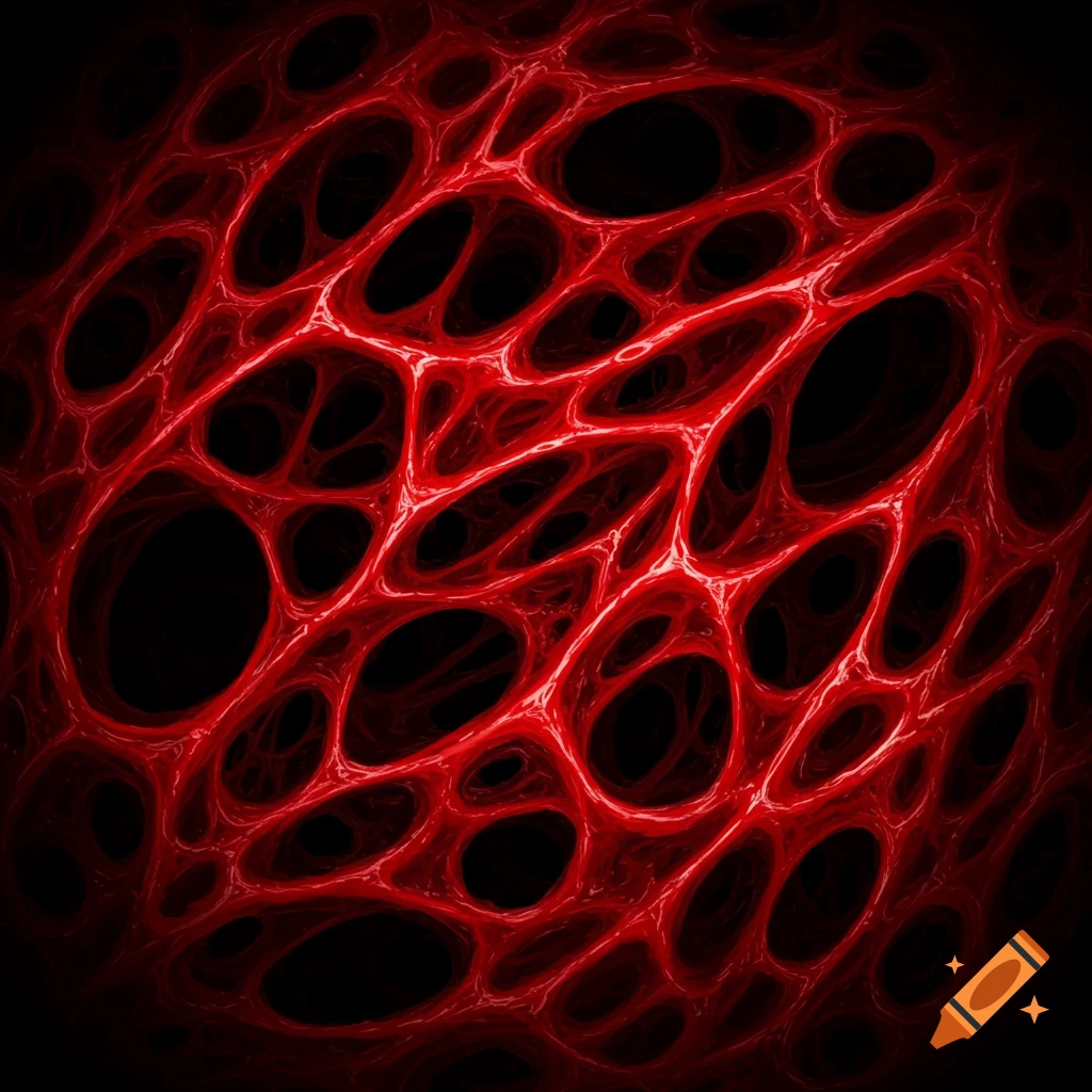 An abstract red, organic, web-like network pattern on a black background.