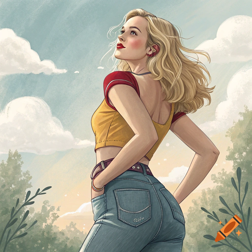 Illustration of a blonde woman looking up in a yellow crop top and jeans outdoors