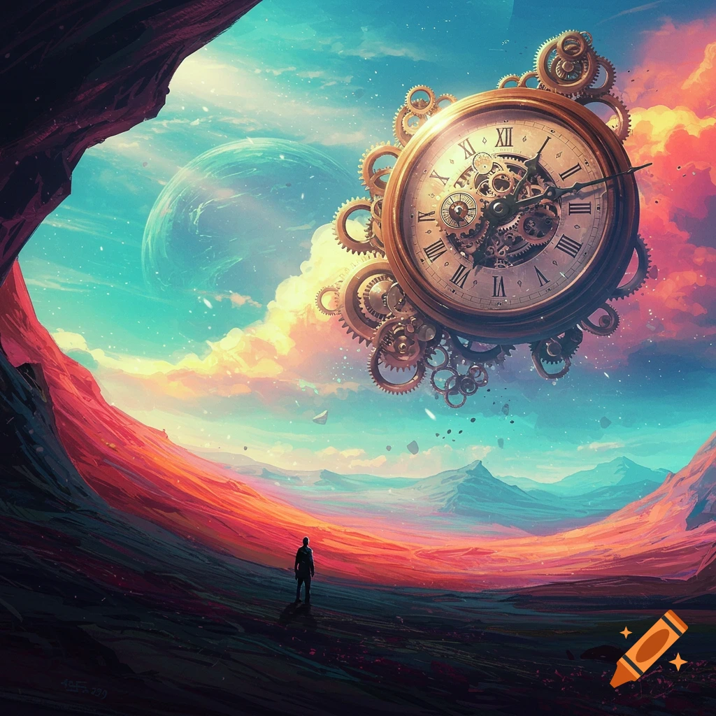 A giant clock with gears floats in a surreal sky over a colorful alien landscape with a small figure.