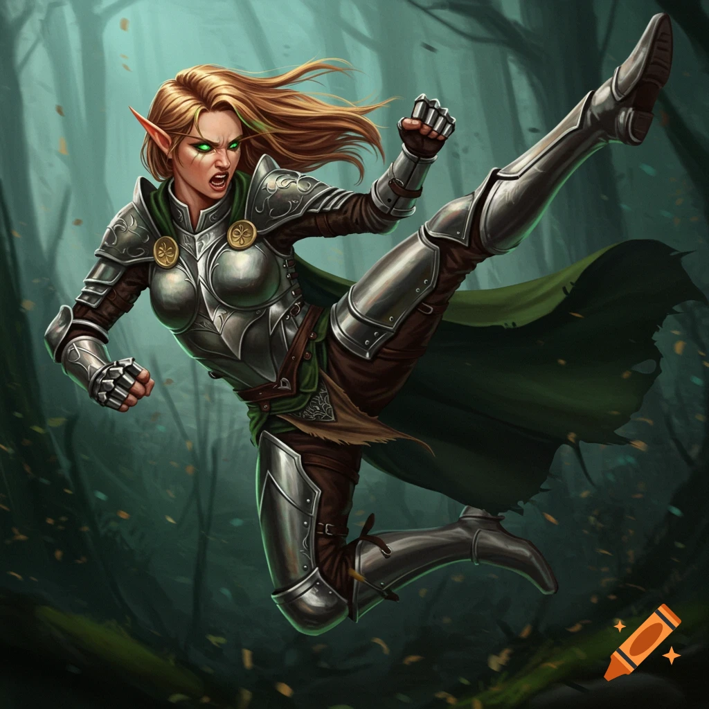 An elven warrior in shining armor performs a high kick in a forest.