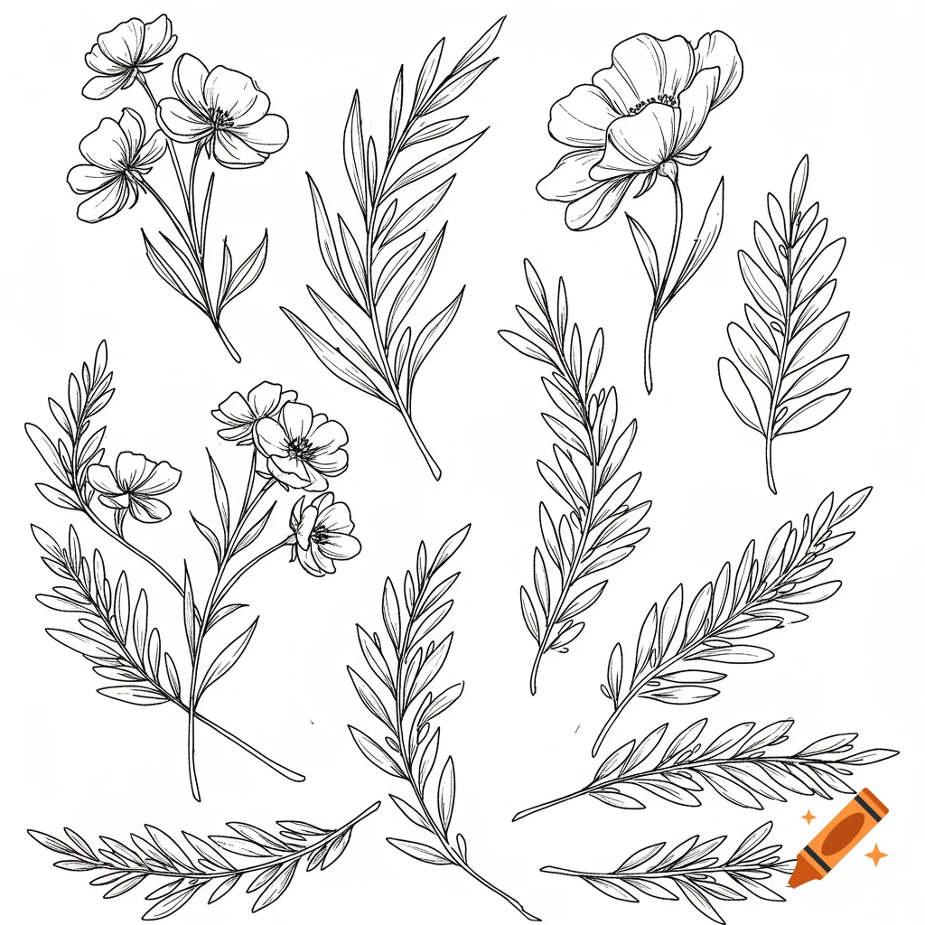 Line drawings of flowers and leaves arranged on a white background.