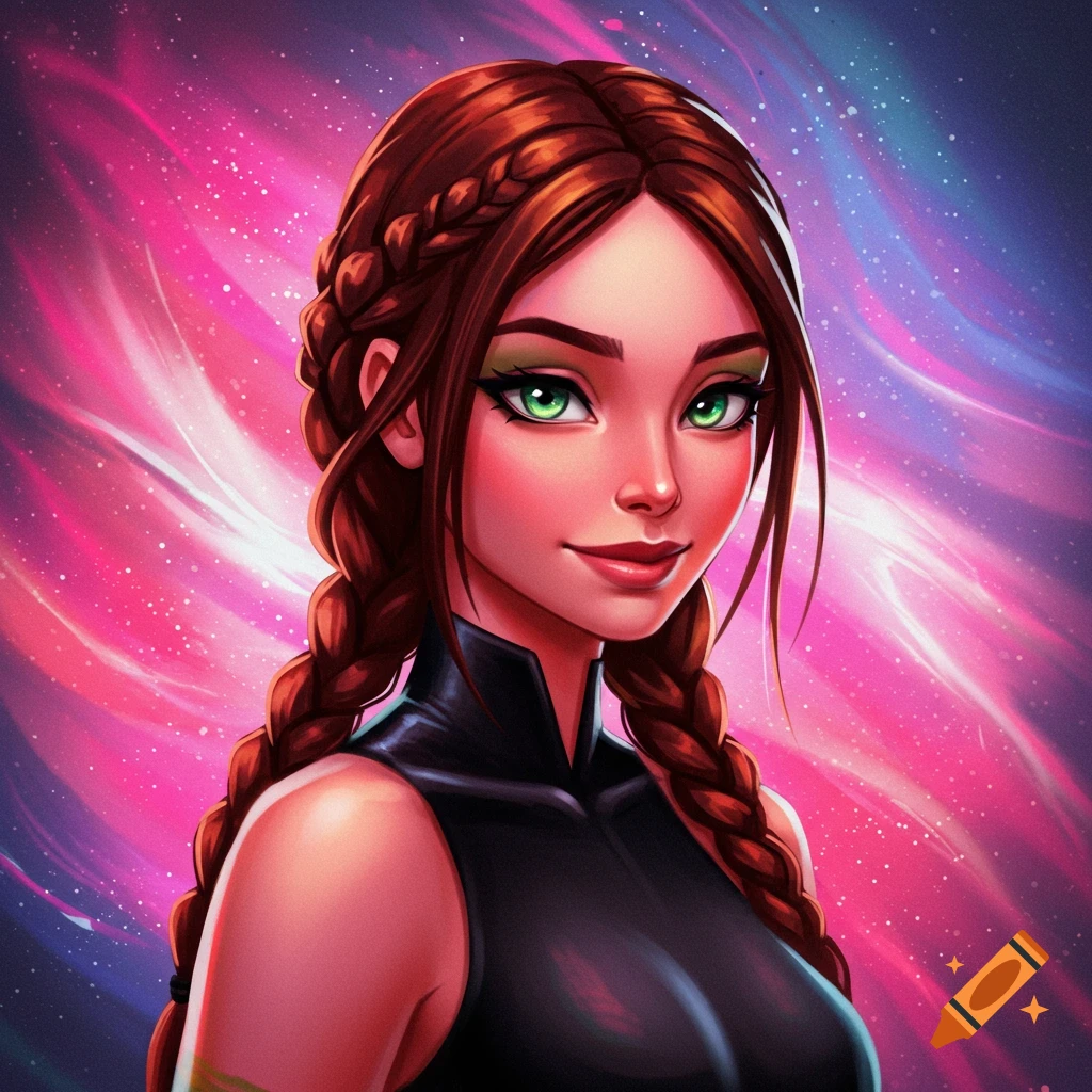 A woman with braided brown hair and green eyes against a pink and blue cosmic background.
