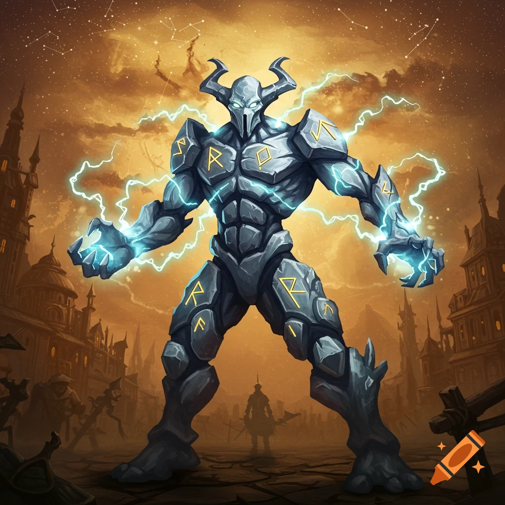 A giant stone elemental monster with glowing runes and lightning stands in a ruined city under a starry sky.