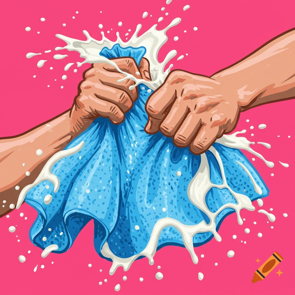 Hands wringing a blue cloth with white liquid splashing out