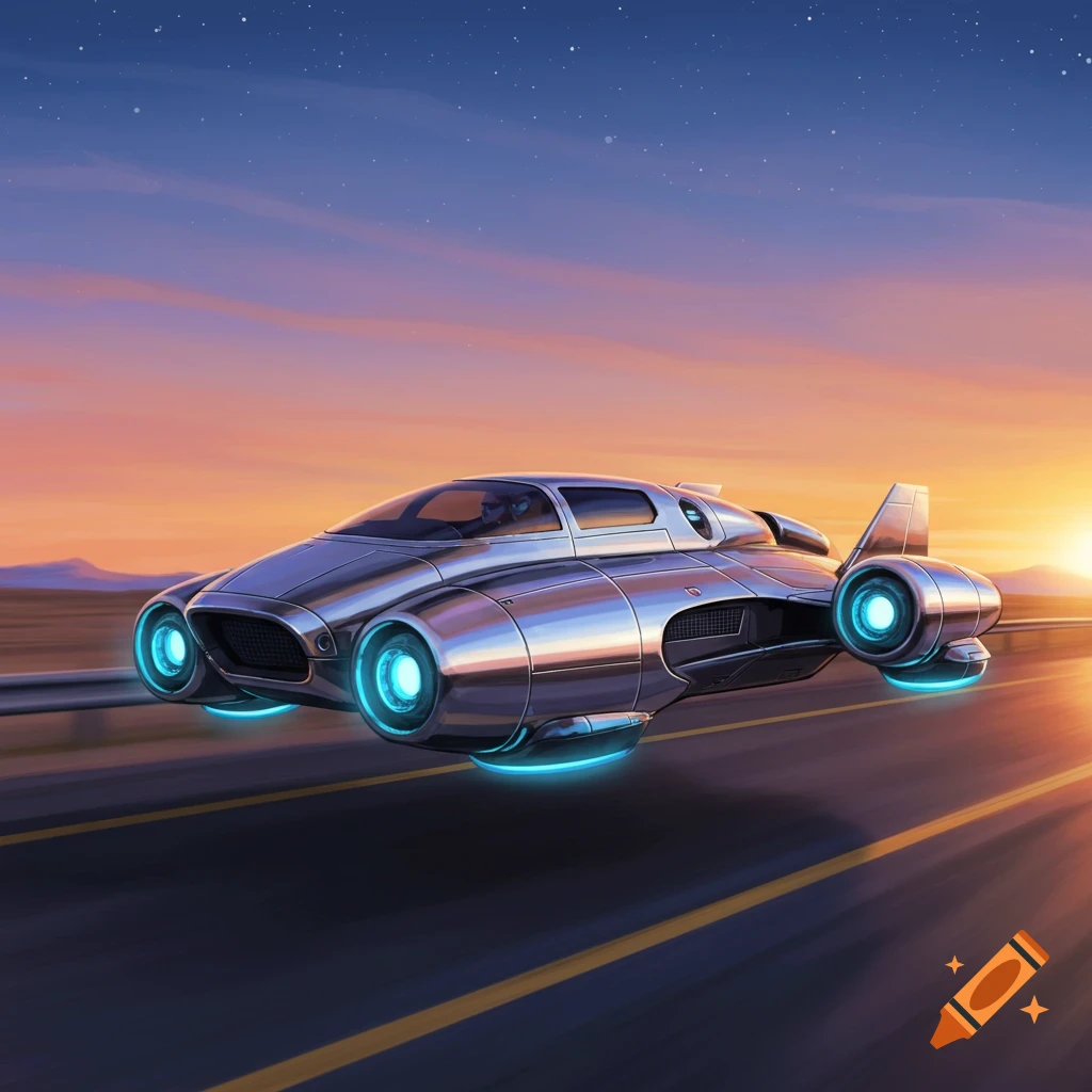 A silver futuristic hover car floats above a highway at sunset.