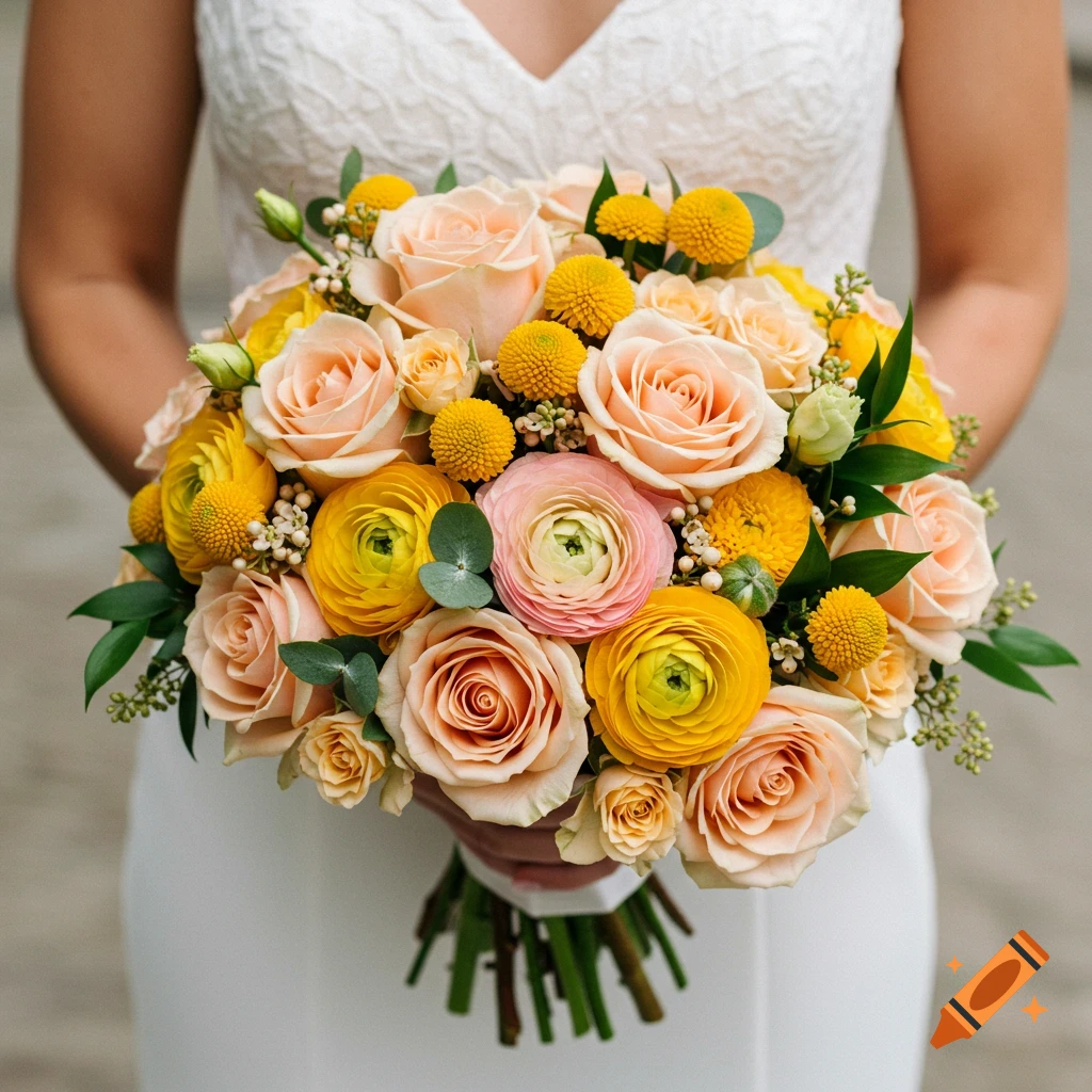 A bouquet of peach, yellow, and pink flowers is held by someone in a white dress.