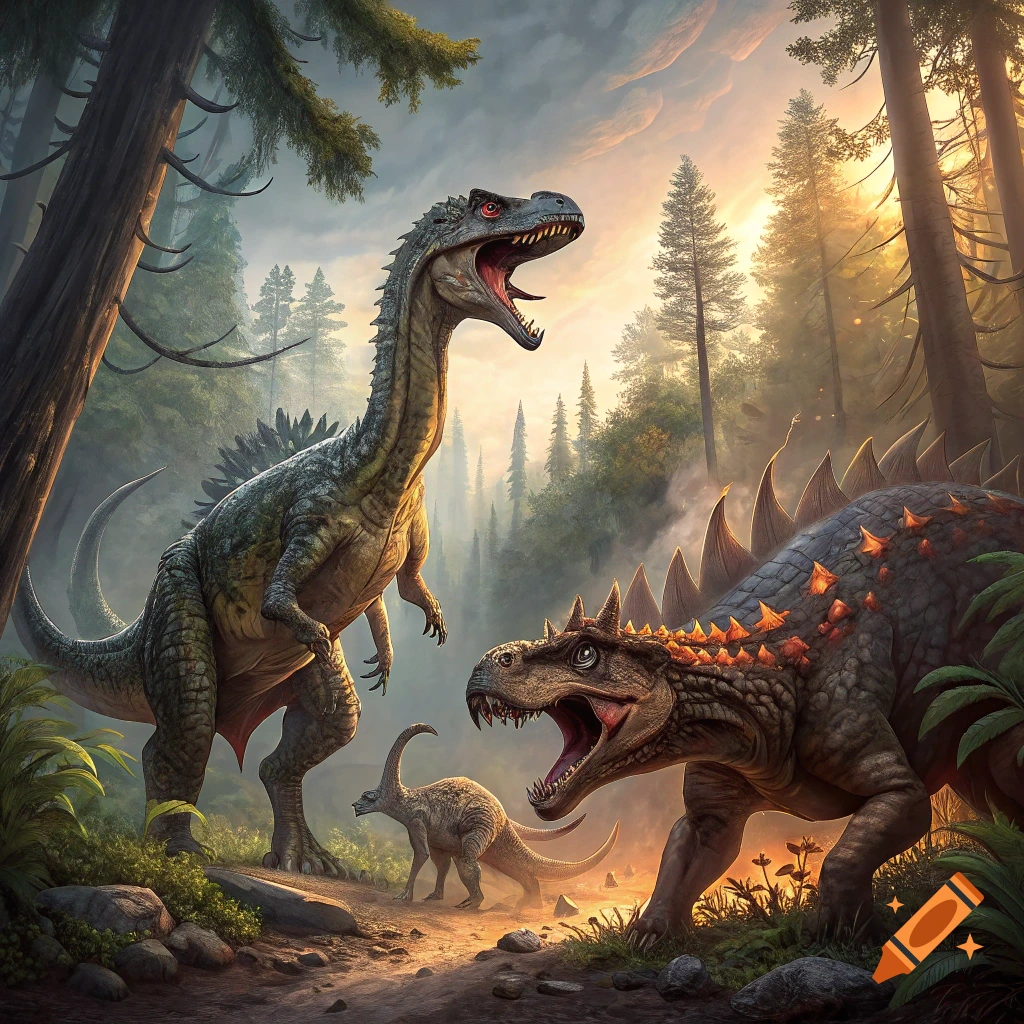 Three dinosaurs, two large and one small, roar in a misty prehistoric forest at sunset.