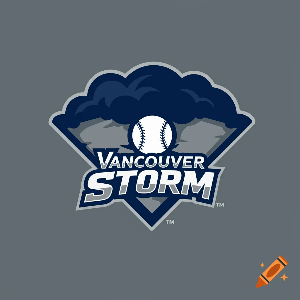 Navy blue and gray baseball logo with clouds, baseball diamond, and 'Vancouver Storm' text.