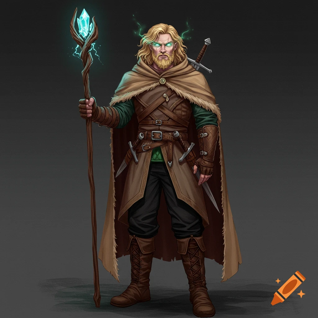 A blond man with a beard in fantasy attire, holding a glowing staff.