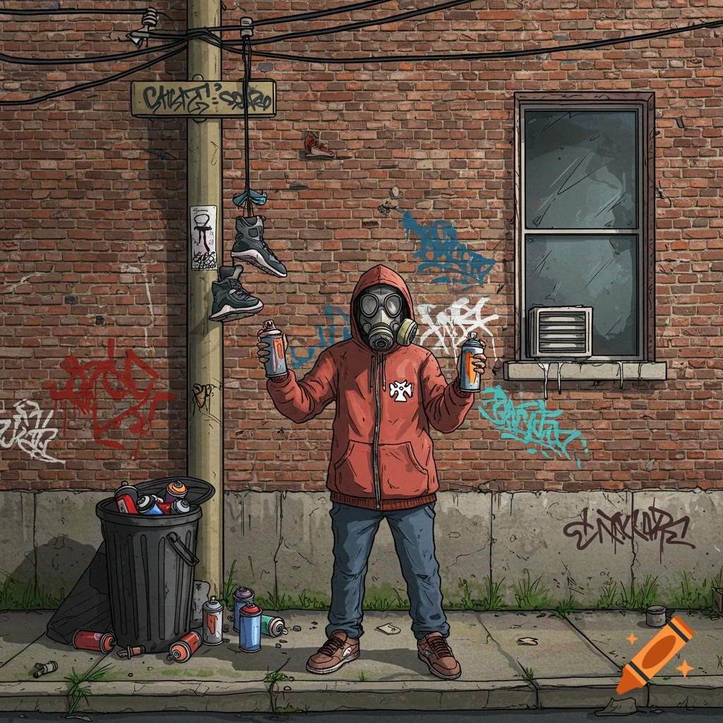 Painting of a person in a gas mask holding spray cans in a graffiti-covered alley with shoes on a wire.