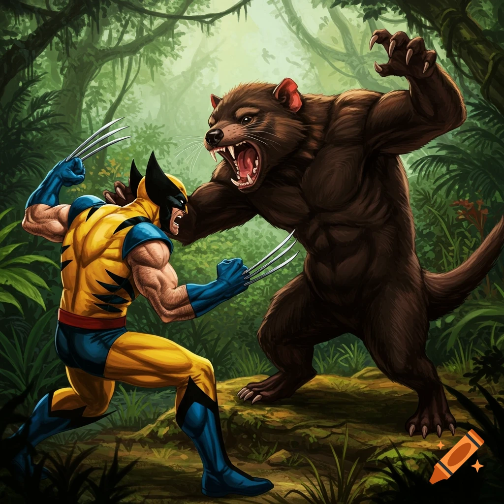 Wolverine fighting a Tasmanian devil honey badger hybrid creature in a jungle.