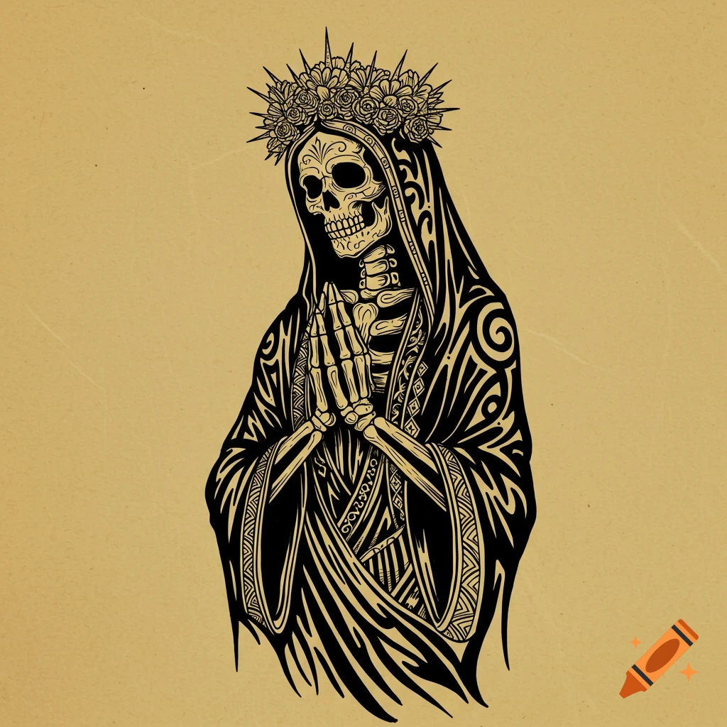 Tribal style black and white illustration of a skeleton figure in a hooded robe, praying, with a floral and spiked crown.