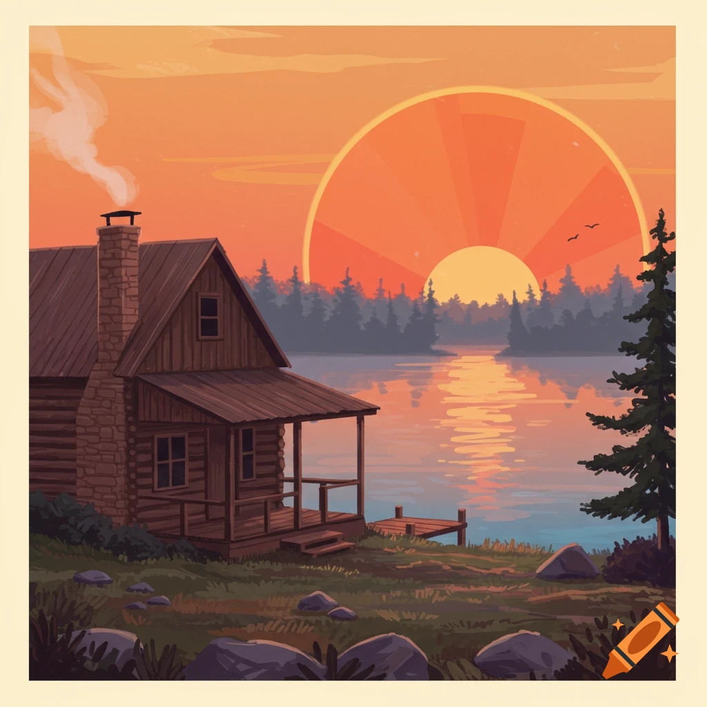 a log cabin by a lake at sunrise with an orange slice sun