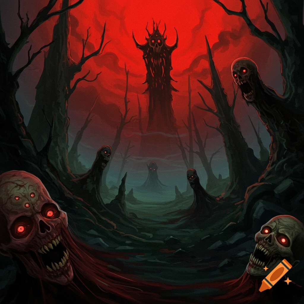 Monstrous figures with red eyes in a dark forest under a red sky.