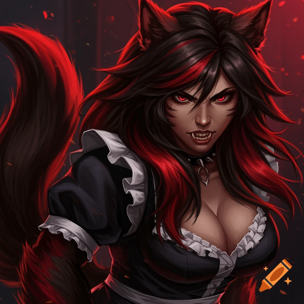 A fierce werewolf woman with red and black hair, red eyes, bared fangs, and a fluffy tail, wearing a black and white maid outfit.
