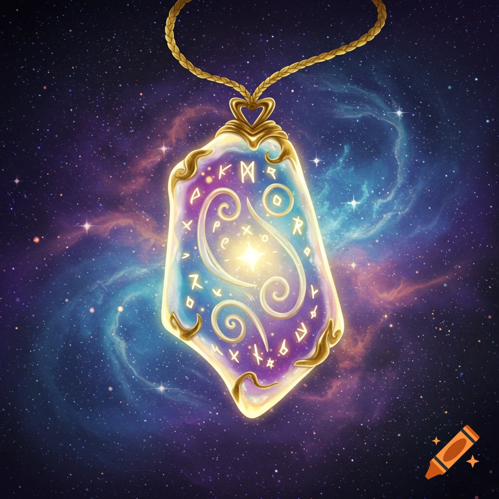 A mystical pendant with glowing symbols and swirls floats in space among stars and nebulae.