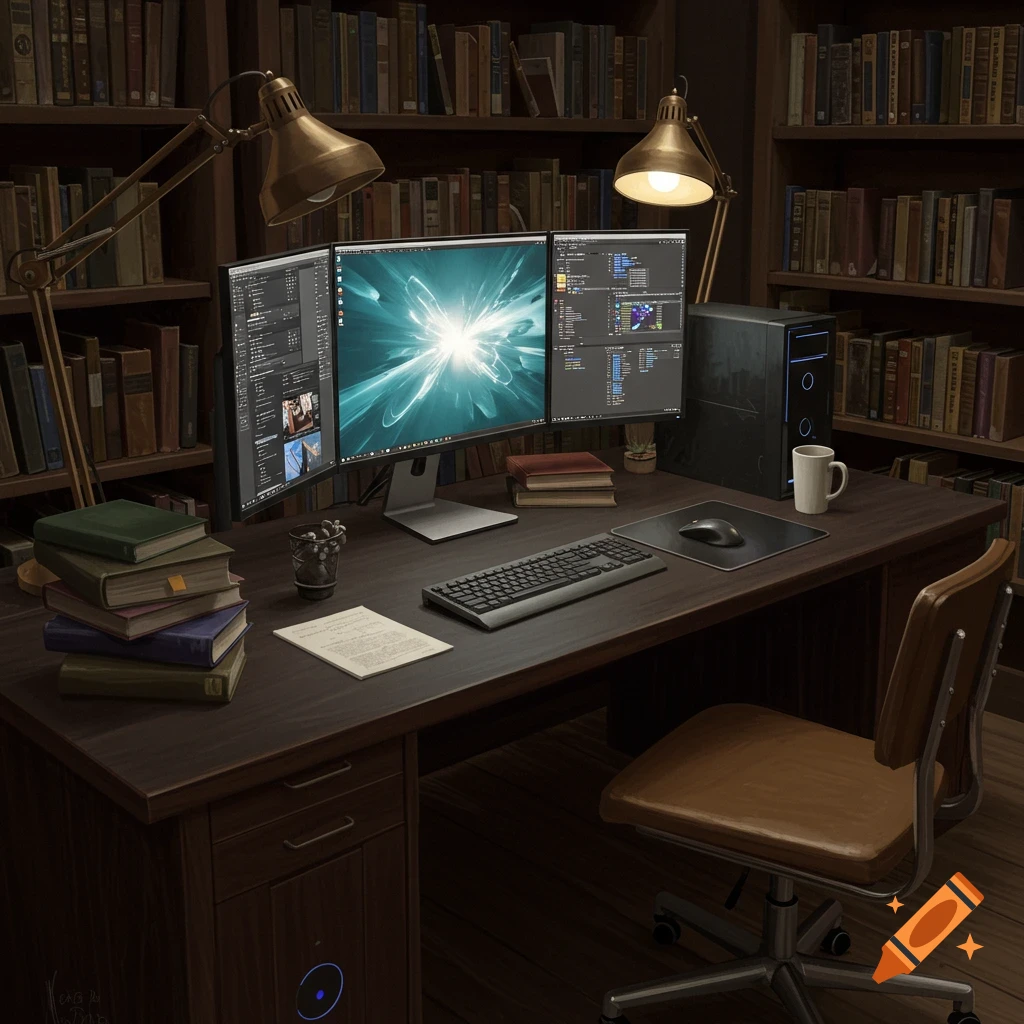 a computer desk setup with monitors and books in a library.