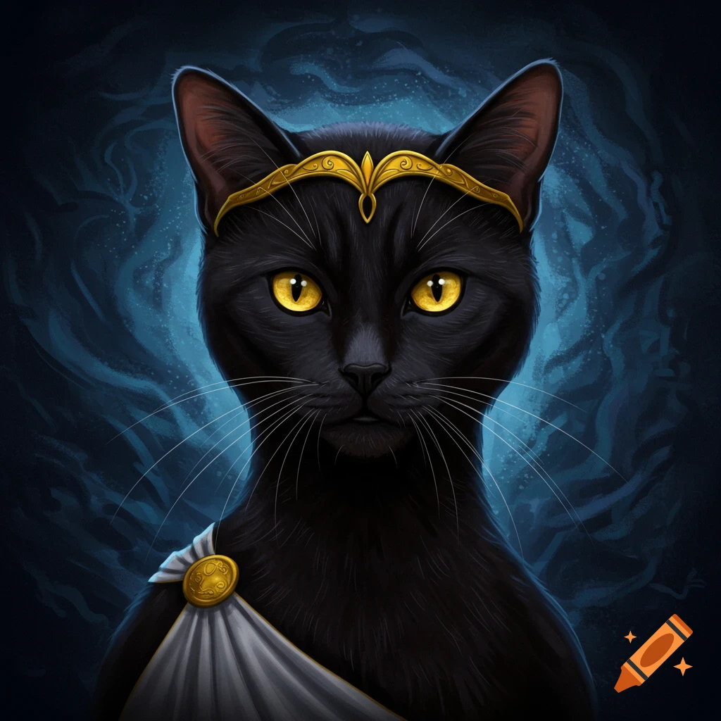 A black cat wearing a golden tiara and white drape, in a mythological style.