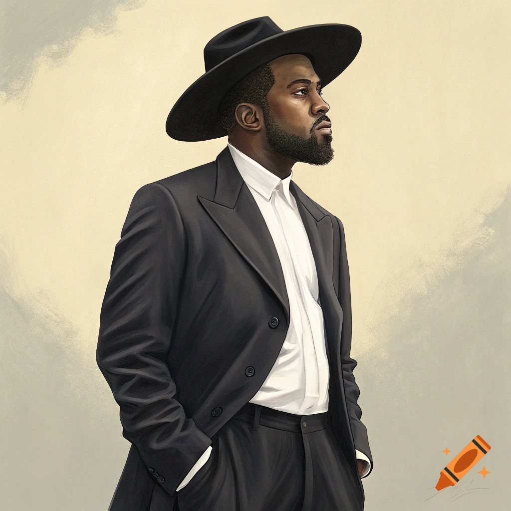 Illustration of a man resembling Kanye West in a black suit and wide-brimmed hat.