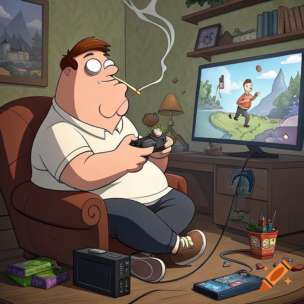 Cartoon man resembling Peter Griffin playing a video game and smoking a cigarette.