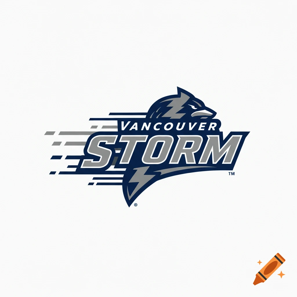 A graphic logo for the Vancouver Storm, featuring a navy blue wolf head with lightning bolt accents, the word "STORM" in large grey letters with a lightning bolt, and "VANCOUVER" in smaller text above it. The logo has horizontal grey speed lines.