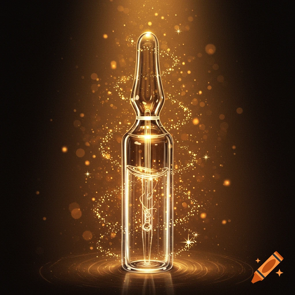 Realistic digital art of a glowing glass ampoule surrounded by golden glitter and light rings.