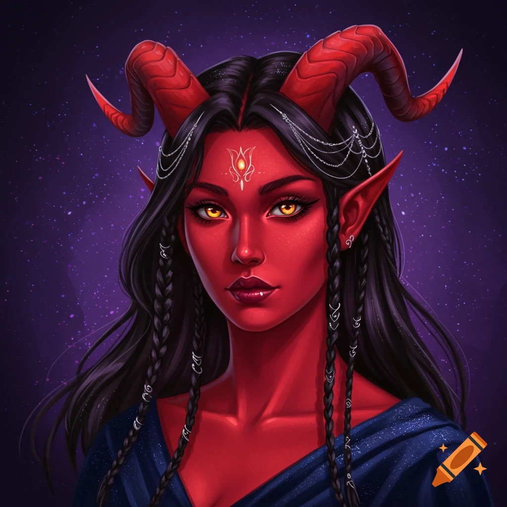 A Tiefling woman with red skin, horns, and yellow eyes.