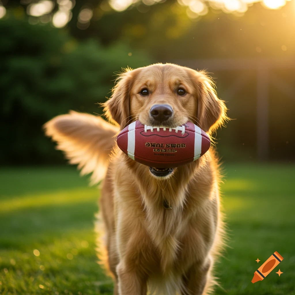 A Golden Retriever holds a football in its mouth in a sunny outdoor setting.