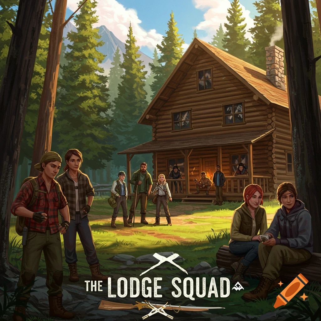 People stand and sit outside a large log cabin in a forest clearing. Text reads 'The Lodge Squad'.