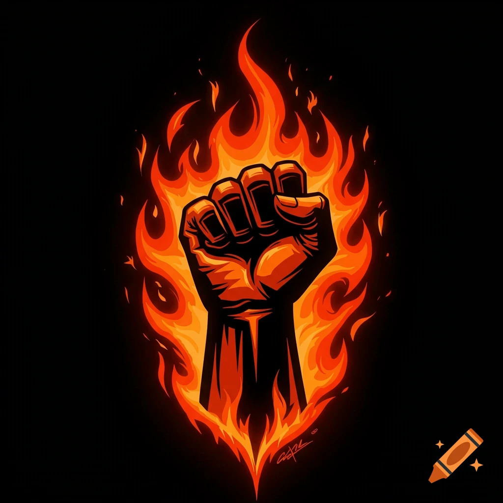 A stylized fist engulfed in orange flames against a black background.
