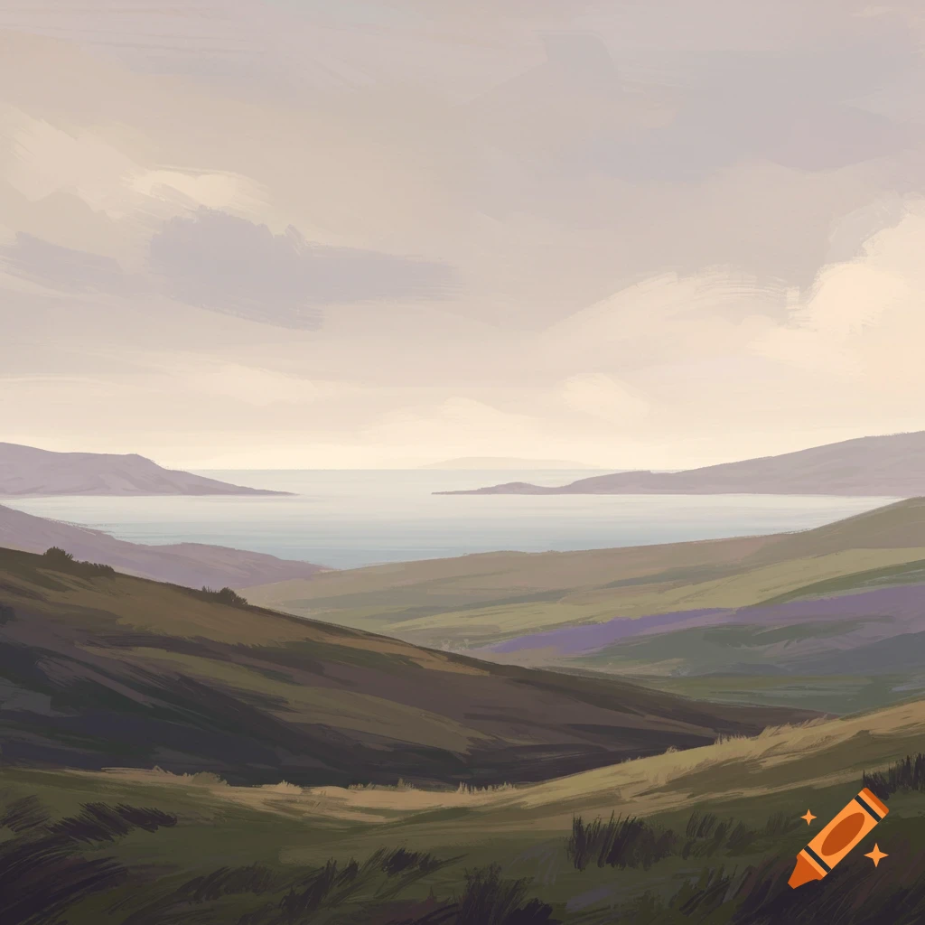 Muted landscape with hills, water, and mountains under a cloudy sky
