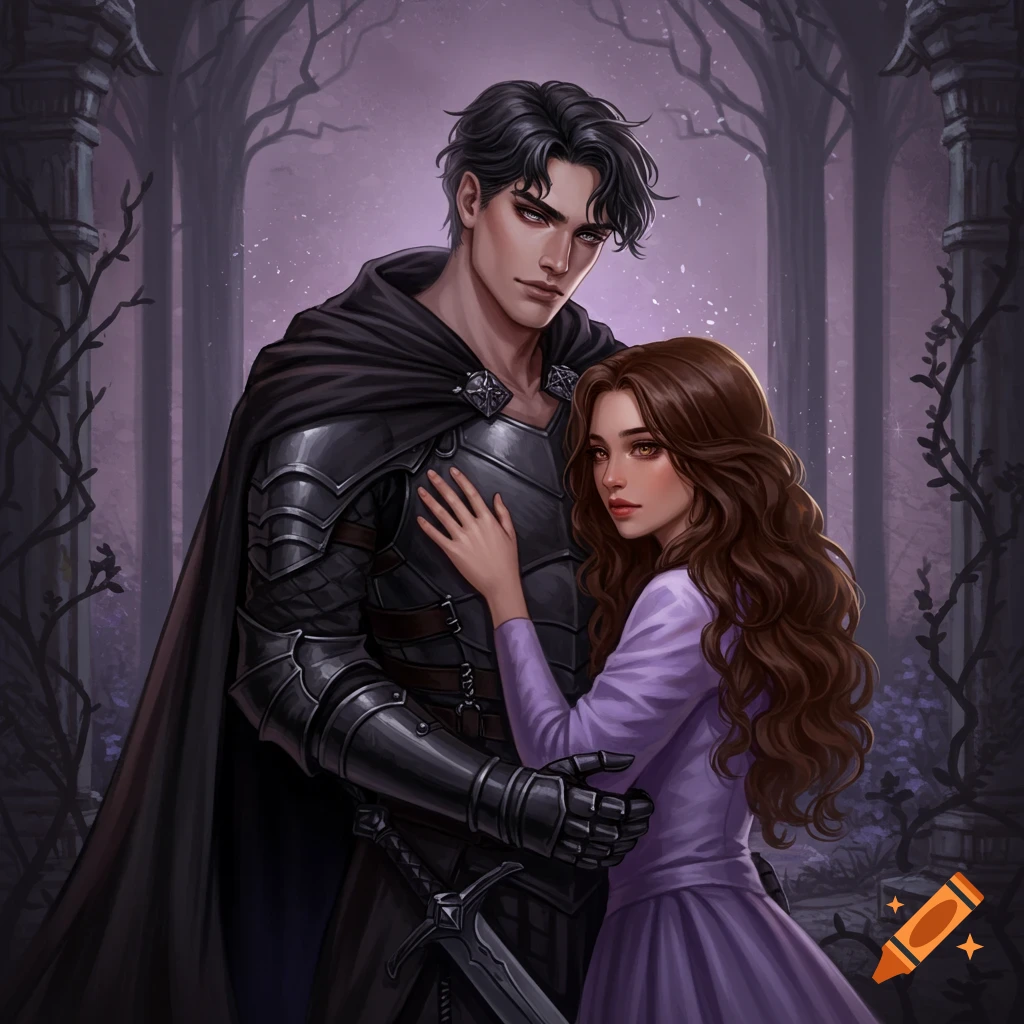 A man in black armor and a woman in a purple dress embracing in a dark forest.