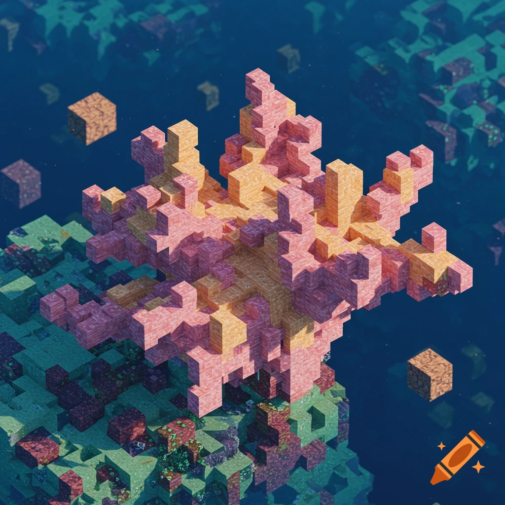 A blocky, Minecraft-style image of vibrant coral underwater.
