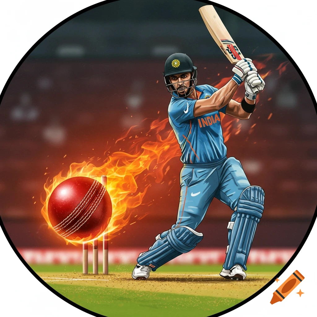 A cricket batsman is captured in the act of hitting a fiery ball within a stadium setting.